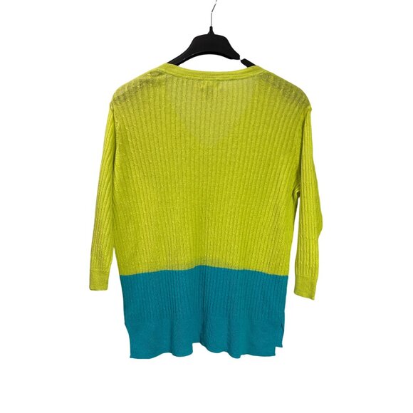 JCP Colorblock V-Neck Sweater XL Lime Green Blue Linen Cotton Blend Ribbed Knit - Picture 2 of 5